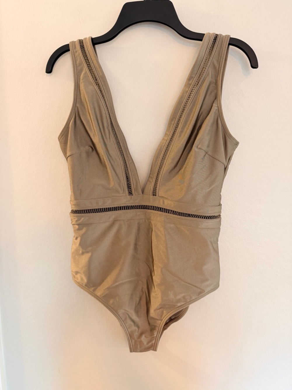Ted Baker London Deep V Khaki Pointelle One-Piece Swimsuit - Picture 3 of 12